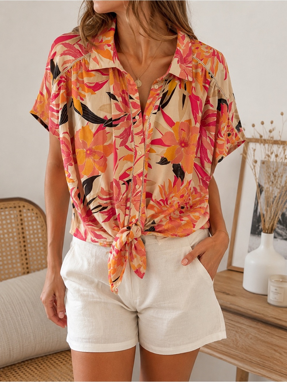 Tribal Tie-Front Tropical Floral Button-Up Shirt - Pink & Orange XL